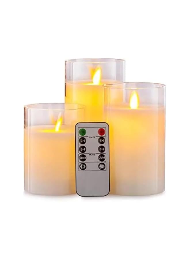 The Bros Set of 3PCS Pure White Wax Glass Flameless Candles with Remote, Flickering LED Candle Lights, Battery Candles for Festival, Birthday Candle, Candles Decor, Weddings, Home, Hotel, Eid - Image 2