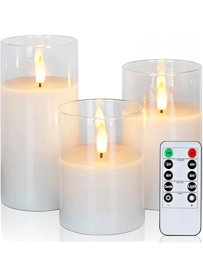 The Bros Set of 3PCS Pure White Wax Glass Flameless Candles with Remote, Flickering LED Candle Lights, Battery Candles for Festival, Birthday Candle, Candles Decor, Weddings, Home, Hotel, Eid - Image 3