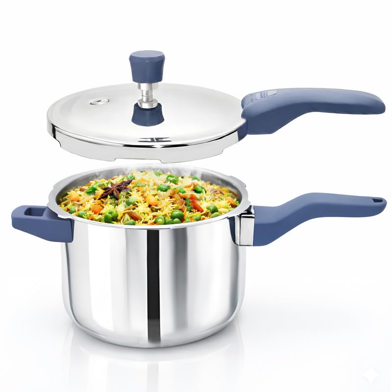 Allo CookSafe 5 Litre Triply Stainless Steel Pressure Cooker, Naturally Non-Stick Outer Lid Pressure Cooker, Healthy Cooking, Gas and Induction Friendly, ISI Certified, 10 Year Warranty, Slate Blue - Image 1