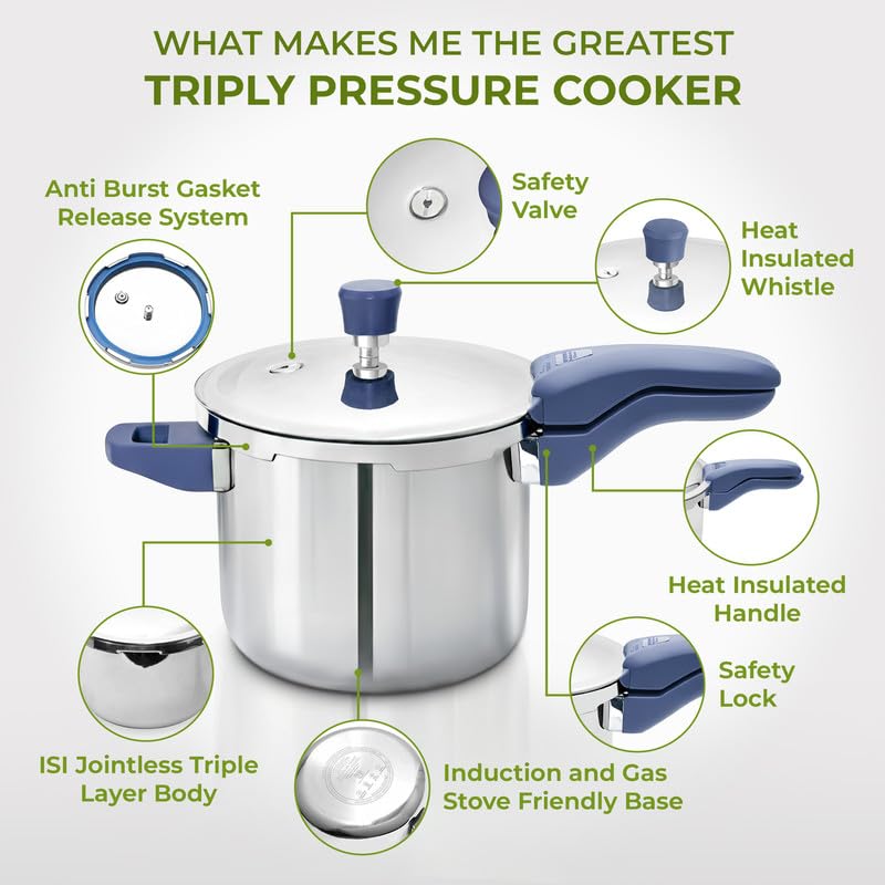 Allo CookSafe 5 Litre Triply Stainless Steel Pressure Cooker, Naturally Non-Stick Outer Lid Pressure Cooker, Healthy Cooking, Gas and Induction Friendly, ISI Certified, 10 Year Warranty, Slate Blue - Image 4