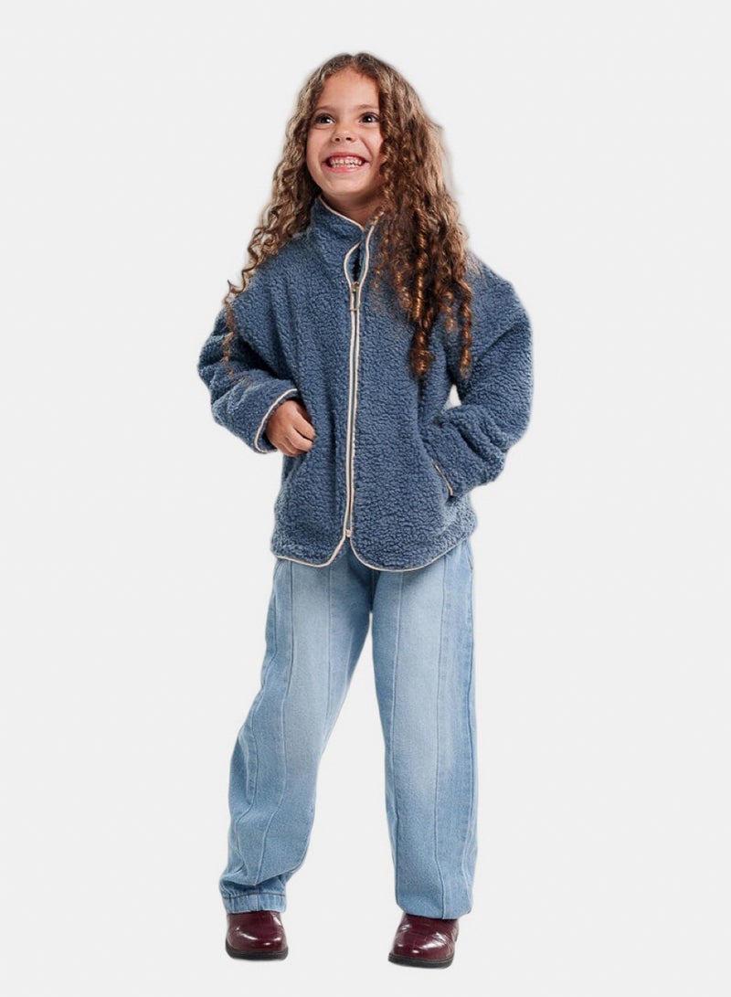 In Your Shoe Teal With Bias Creamy White Kids Boxy Teddy Jacket - Image 2