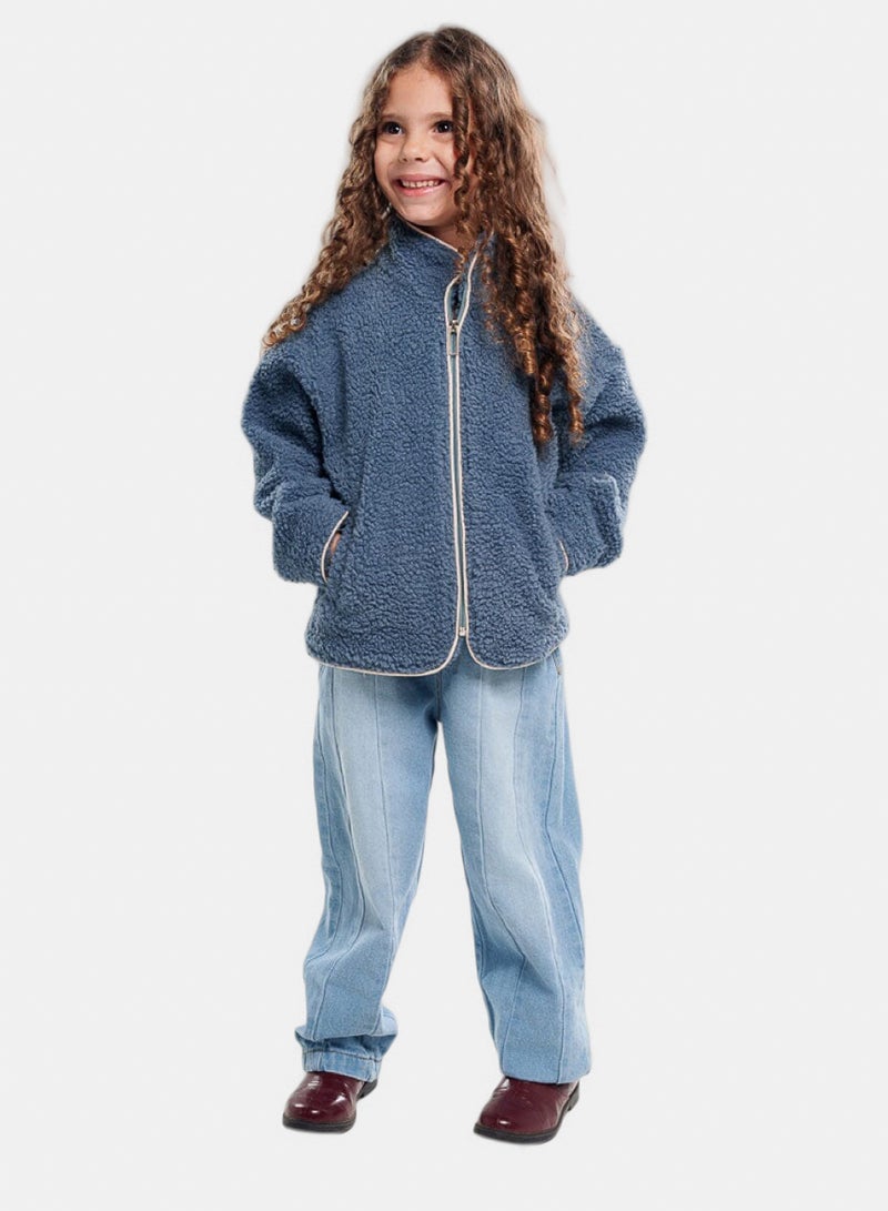 In Your Shoe Teal With Bias Creamy White Kids Boxy Teddy Jacket - Image 5