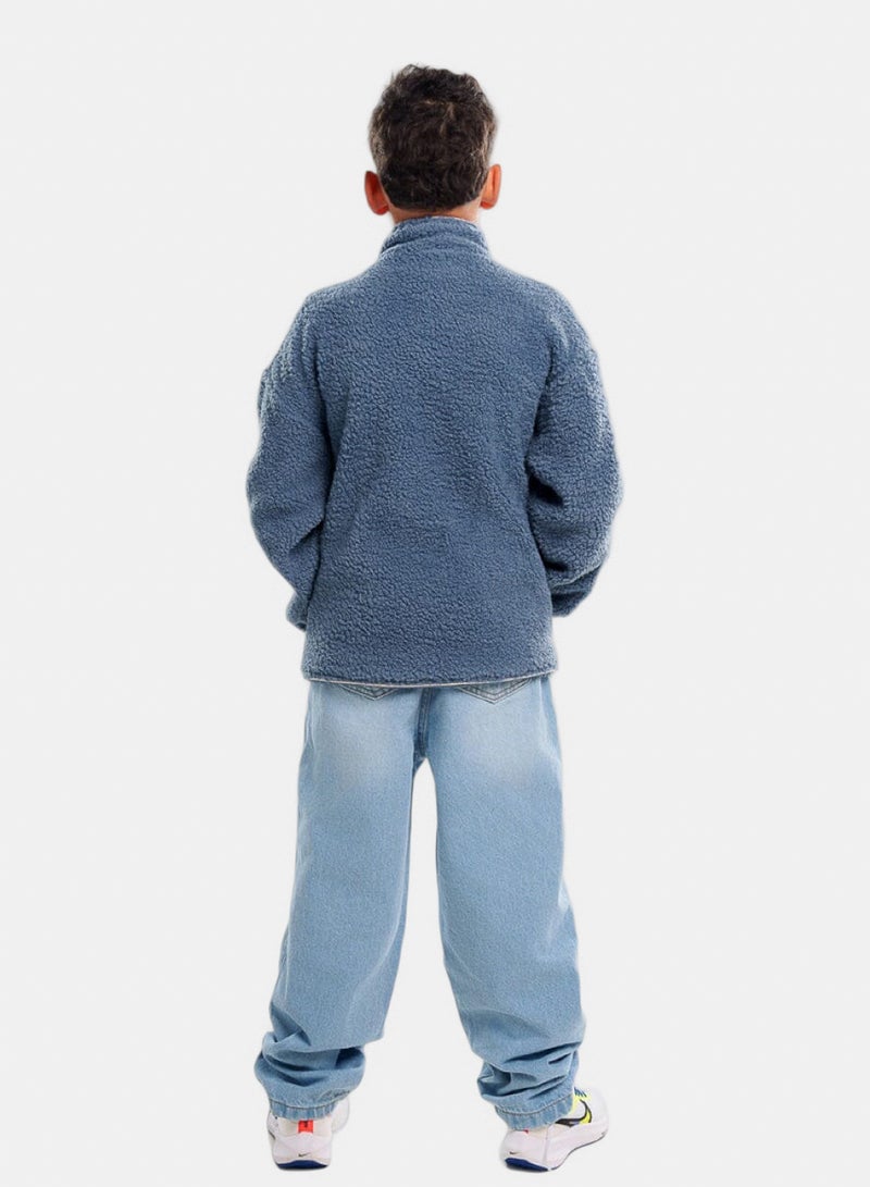 In Your Shoe Teal With Bias Creamy White Kids Boxy Teddy Jacket - Image 4