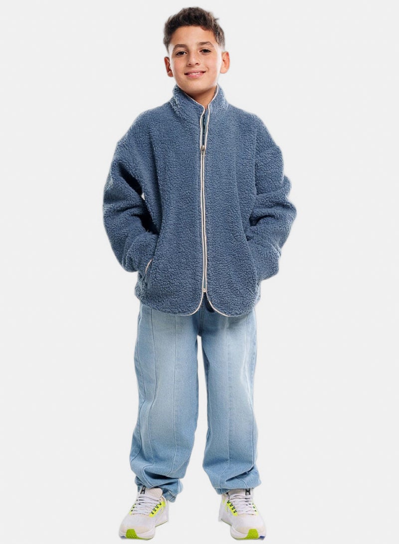 In Your Shoe Teal With Bias Creamy White Kids Boxy Teddy Jacket - Image 3