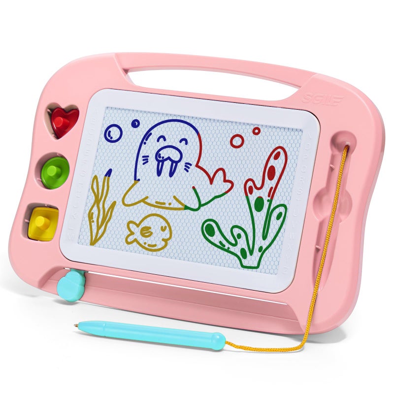 SGILE Magnetic Drawing Board for Kids, Colorful Erasable Doodle Board with Magnet Pen, Painting Sketch Pad with Three Stamps, Travel Toy, Birthday Gift, Educational Learning Toy for Toddlers, Pink - Image 1