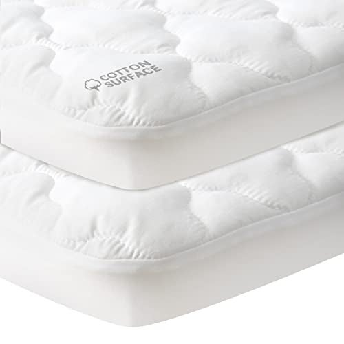Pack and Play Mattress Pad Protector 2 Pack Waterproof Cotton Fabric Absorbent Soft Pack and Play Sheets Fits Graco Play Yards Baby Portable Mini Cribs Foldable Mini Crib Sheets Cover
