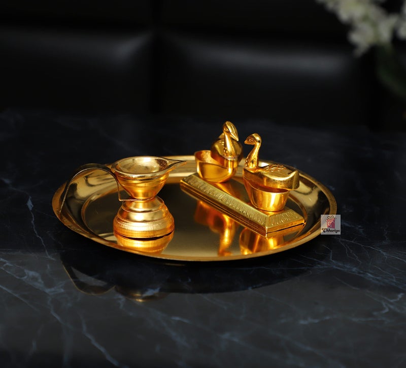 Chhariya Crafts Metal Pooja Thali with Diya and KumKum Box Duck from Home and Office Temple Gift Item for Home and Office Temple - Image 3