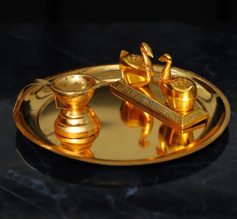 Chhariya Crafts Metal Pooja Thali with Diya and KumKum Box Duck from Home and Office Temple Gift Item for Home and Office Temple - Image 2