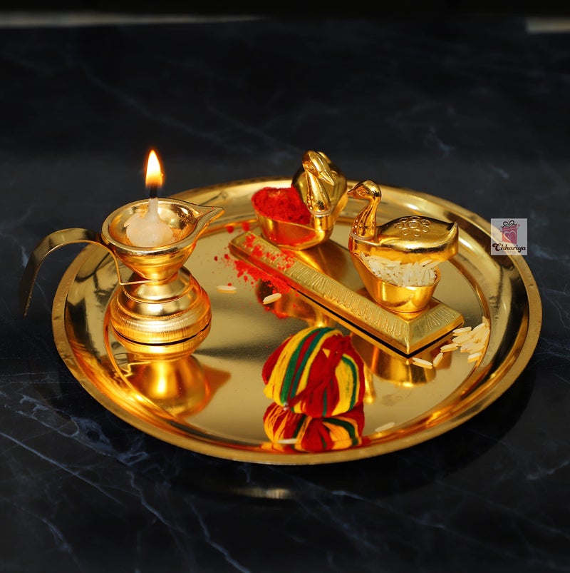 Chhariya Crafts Metal Pooja Thali with Diya and KumKum Box Duck from Home and Office Temple Gift Item for Home and Office Temple - Image 1