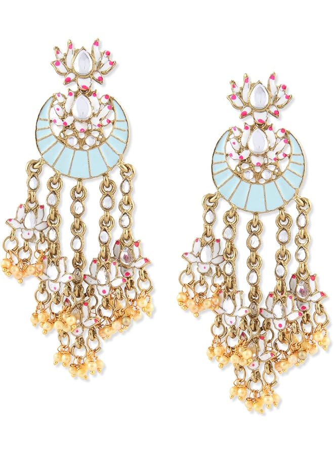 Lotus Design Enamelled 22K Metal Gold Plated Dangle Earring For Women ZPFK8783  - Image 1