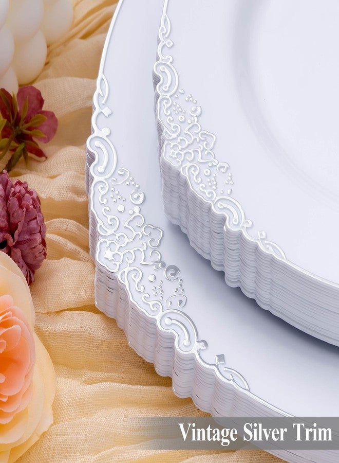 Bestluck White and Silver Disposable Plastic Plates for 50 Guests - 50 Dinner Plates, 50 Dessert Plates for Party, Wedding, and Graduation - Image 3