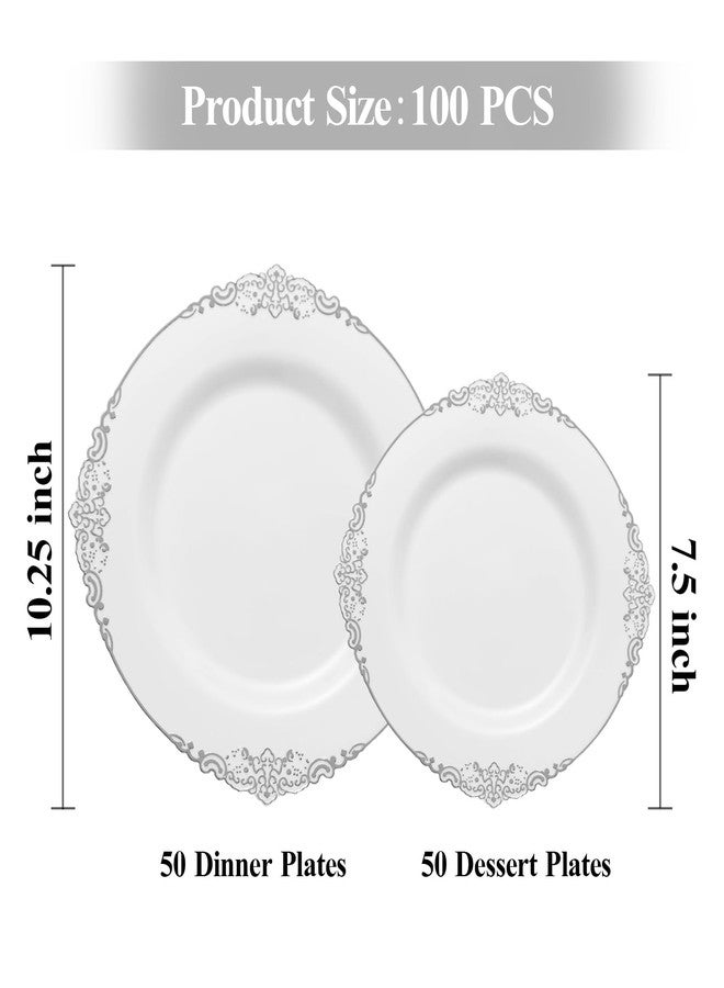 Bestluck White and Silver Disposable Plastic Plates for 50 Guests - 50 Dinner Plates, 50 Dessert Plates for Party, Wedding, and Graduation - Image 2