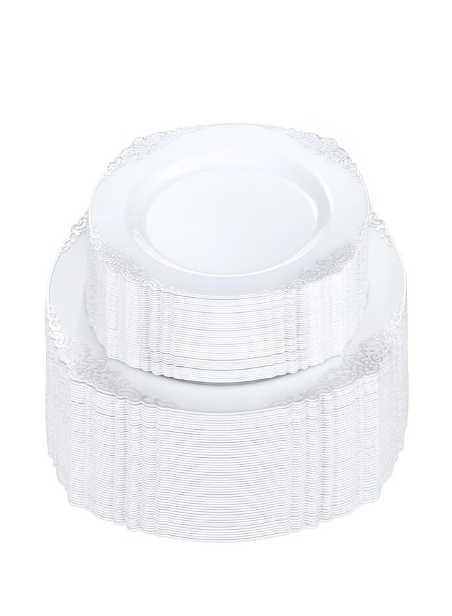 Bestluck White and Silver Disposable Plastic Plates for 50 Guests - 50 Dinner Plates, 50 Dessert Plates for Party, Wedding, and Graduation - Image 1