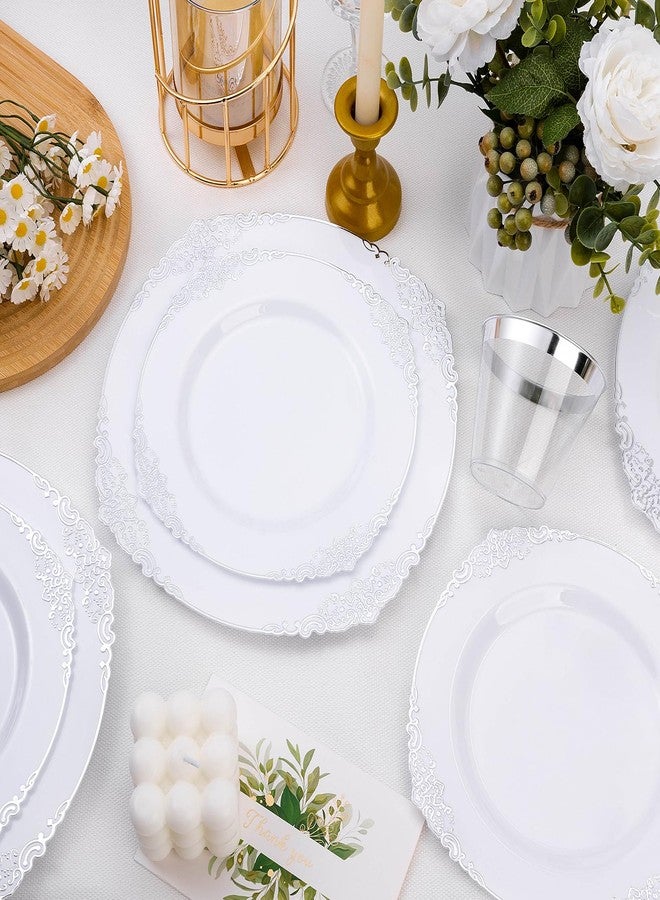 Bestluck White and Silver Disposable Plastic Plates for 50 Guests - 50 Dinner Plates, 50 Dessert Plates for Party, Wedding, and Graduation - Image 5