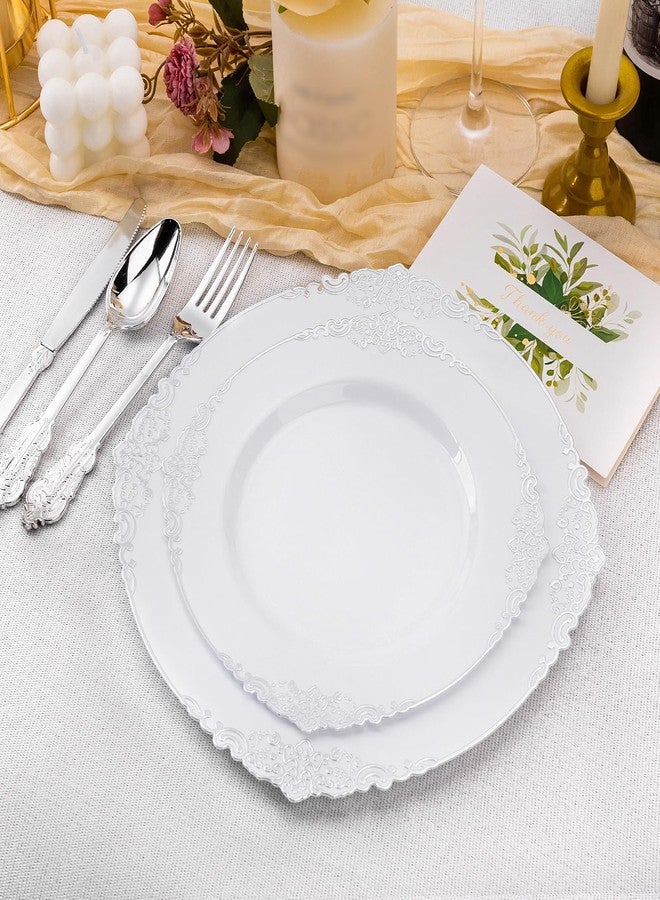 Bestluck White and Silver Disposable Plastic Plates for 50 Guests - 50 Dinner Plates, 50 Dessert Plates for Party, Wedding, and Graduation - Image 4