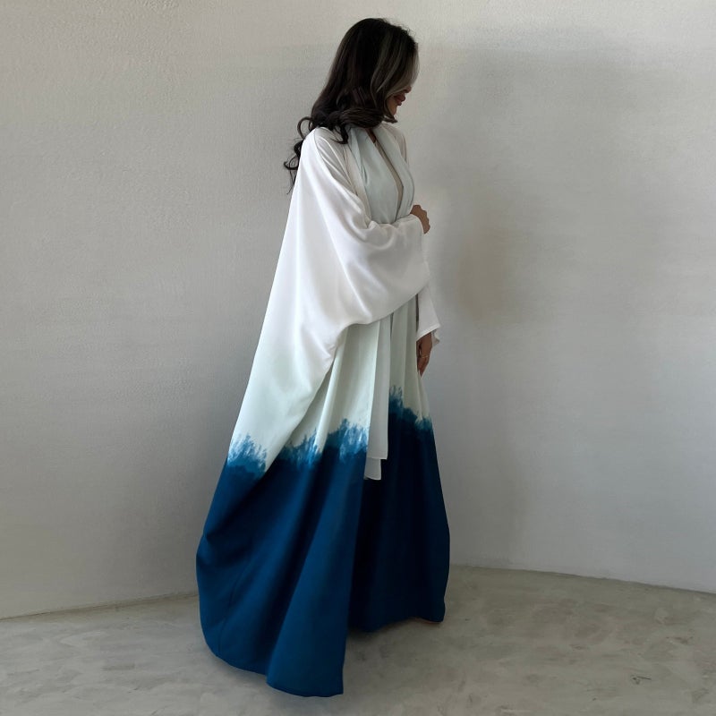 Qi Ta MQ100 Fashion Tie-Dye Cape Coat with Headscarf - Summer Trendy Cardigan Dress - Sky Blue - Image 2