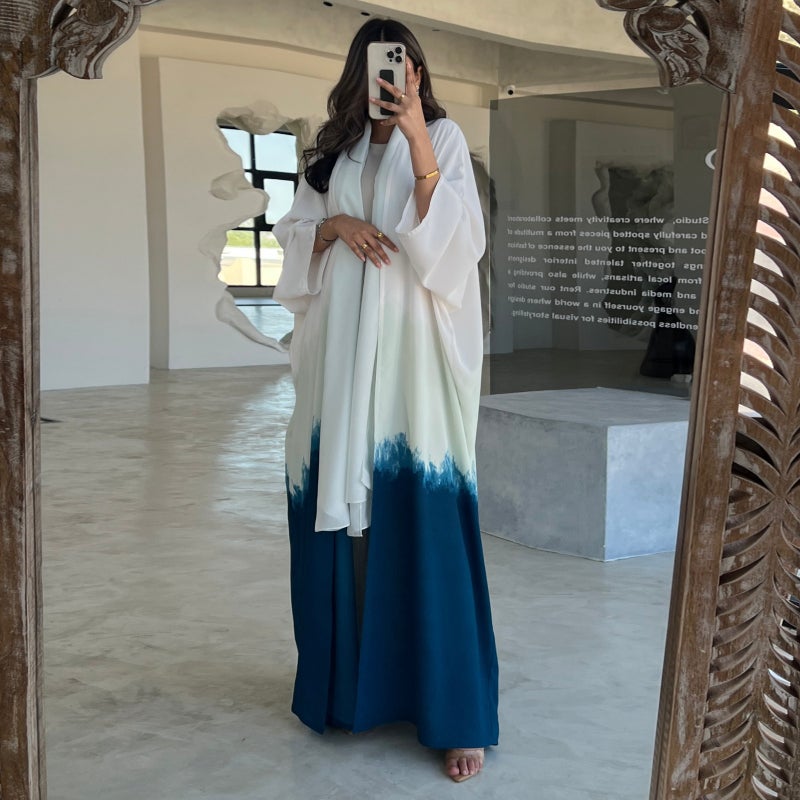 Qi Ta MQ100 Fashion Tie-Dye Cape Coat with Headscarf - Summer Trendy Cardigan Dress - Sky Blue - Image 3