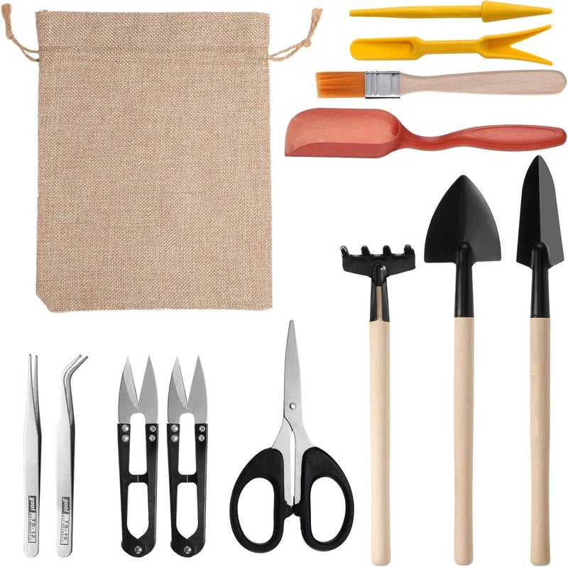 Honoson 13 Pieces Bonsai Tools Set Succulent Mini Garden Hand Tools Includes Pruning Shears, Mini Rake, Fold Scissors, Bud and Leaf Trimmer for Small Fairyland Gardening Plant - Image 1