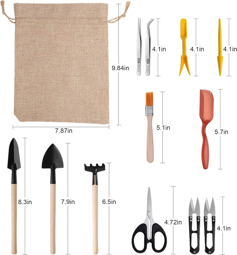 Honoson 13 Pieces Bonsai Tools Set Succulent Mini Garden Hand Tools Includes Pruning Shears, Mini Rake, Fold Scissors, Bud and Leaf Trimmer for Small Fairyland Gardening Plant - Image 2