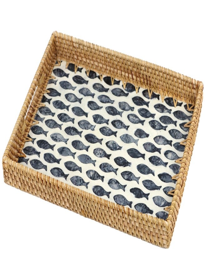 ORDELITE Rattan Serving Tray, Rectangle Coffee Table Tray with Mother of Pearl Inlay, Decorative Wicker Basket with Handle for Coffee, Bread, Fruits, Snacks, Table Decor (Black Fish) - Image 1
