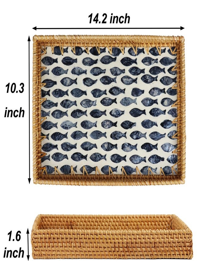 ORDELITE Rattan Serving Tray, Rectangle Coffee Table Tray with Mother of Pearl Inlay, Decorative Wicker Basket with Handle for Coffee, Bread, Fruits, Snacks, Table Decor (Black Fish) - Image 4