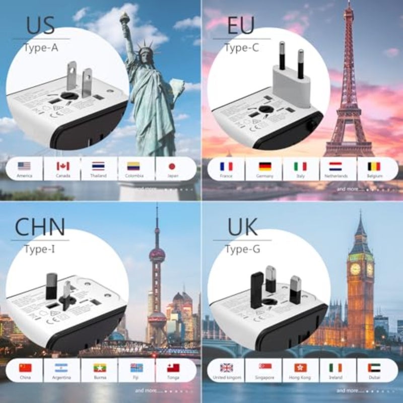 محول السفر، محول الطاقة الدولي العالمي مع منفذ 3USB وشاحن حائط دولي من النوع C، قابس طاقة تيار متردد عالمي للسفر متعدد الدول في المملكة المتحدة والاتحاد الأوروبي والاتحاد الأفريقي في أكثر من 200 دولة باللون الأبيض - Image 5