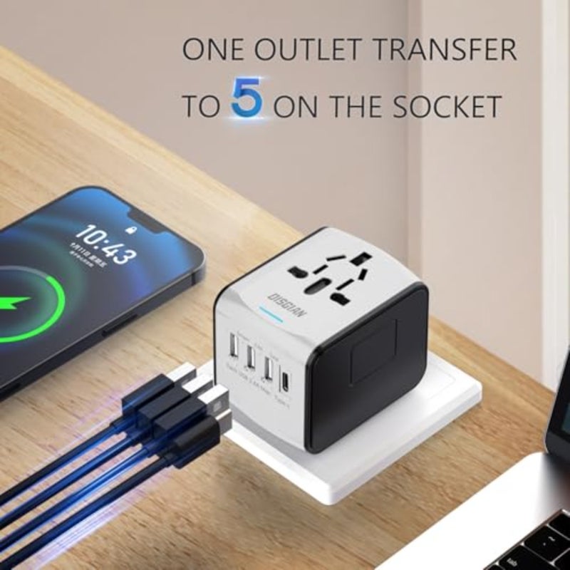 محول السفر، محول الطاقة الدولي العالمي مع منفذ 3USB وشاحن حائط دولي من النوع C، قابس طاقة تيار متردد عالمي للسفر متعدد الدول في المملكة المتحدة والاتحاد الأوروبي والاتحاد الأفريقي في أكثر من 200 دولة باللون الأبيض - Image 3