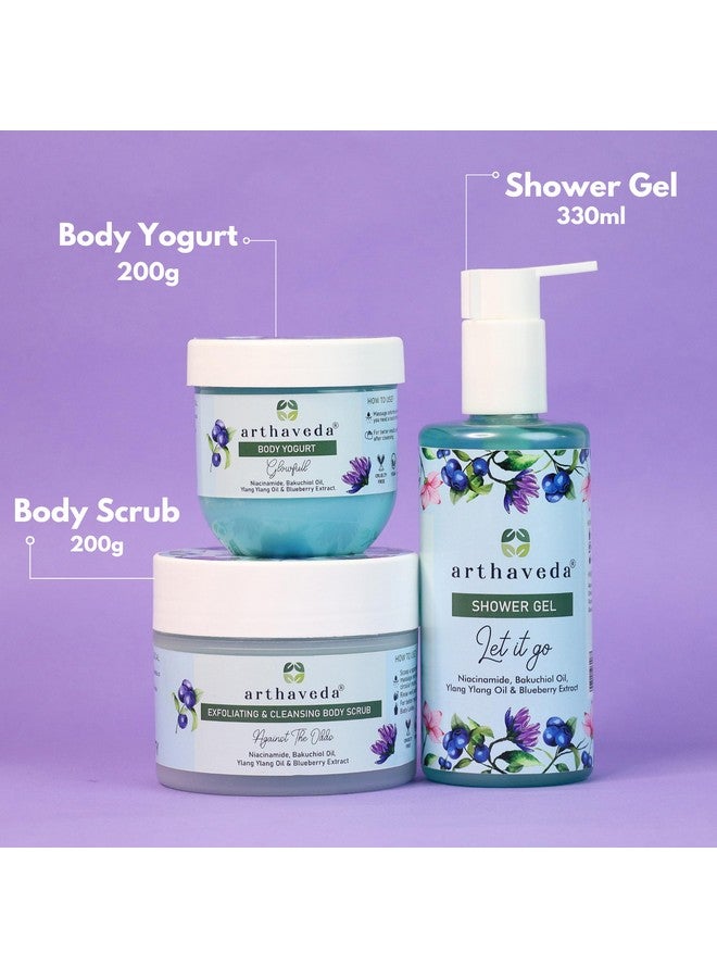 Arthaveda Blueberry Radiance Trio | Shower Gel | Body Yogurt | Body Scrub | Brightening & Nourishing Skincare Combo | Perfect Cost-Friendly Gift For All Occasions - Birthdays, Anniversaries, Festivals & More | Unisex | Premium Gift Packaging | Pack of 3 - Image 2