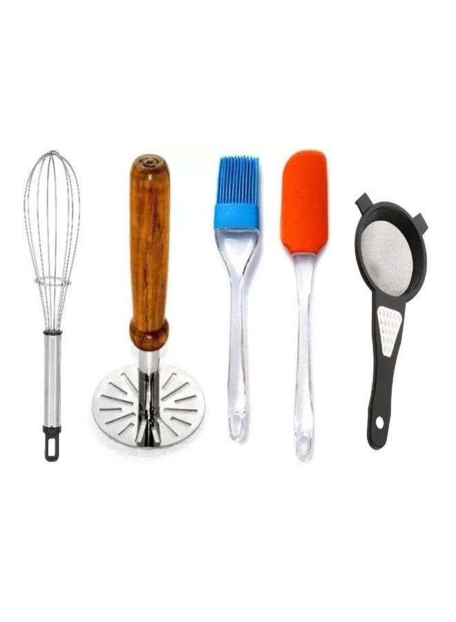 OMORTEX New Kitchen Combo Tool Set with Whisk Wooden Masher Spatula Brush and 2 in 1 Strainer Greater Pack of 5 Multipurpose Cooking Preparation Accessories for Daily Kitchen Use - Image 1