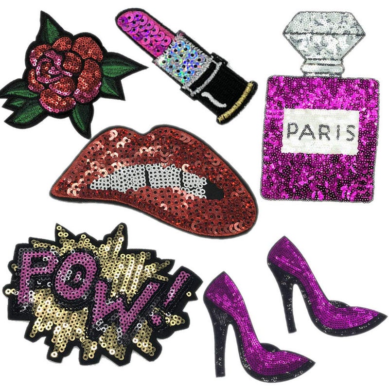 TATEELY 7 Pcs Purple Blue Embroidered Patches LipLipstick Iron On Patch Sewing On Sequins DIY Clothes Applique Garment Motif Woman Girl Brand Patch Purple 