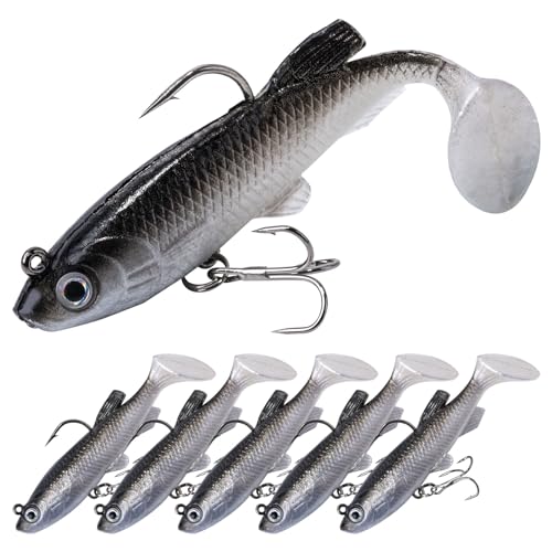 Goture Soft Fishing Lures jig Heads, Saltwater Freshwater Minnow Fishing Bait T Tail with jig Head, Fishing Lure Swim Shad Baits for Bass Fishing 5Pack - Image 1