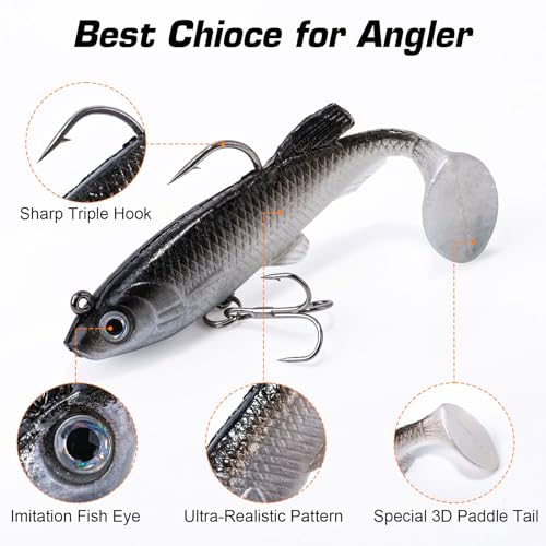 Goture Soft Fishing Lures jig Heads, Saltwater Freshwater Minnow Fishing Bait T Tail with jig Head, Fishing Lure Swim Shad Baits for Bass Fishing 5Pack - Image 2