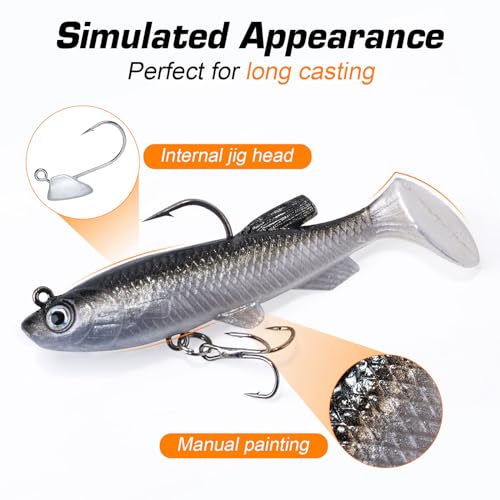 Goture Soft Fishing Lures jig Heads, Saltwater Freshwater Minnow Fishing Bait T Tail with jig Head, Fishing Lure Swim Shad Baits for Bass Fishing 5Pack - Image 3