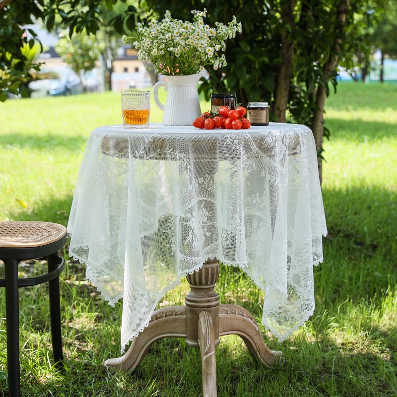 Huierxun White Lace Small Square Tablecloth 24 x 24 Inch Vintage Embroidered Table Cloth Shabby Chic Wedding Baby Shower Nightstand Table Cover for Round Coffee Tables (White, 24"x24") - Image 1