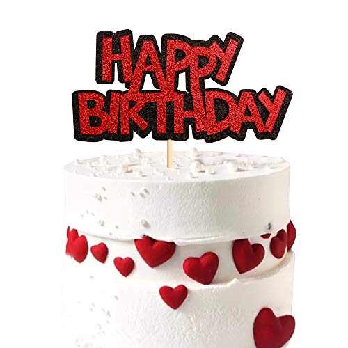 Ercadio 1 Pack Double Layers Happy Birthday Cake Topper Black and Red Glitter Celebrating Birthday Cake Pick Baby Shower Kids Birthday Party Horror Theme Decorations Supplies - Image 1
