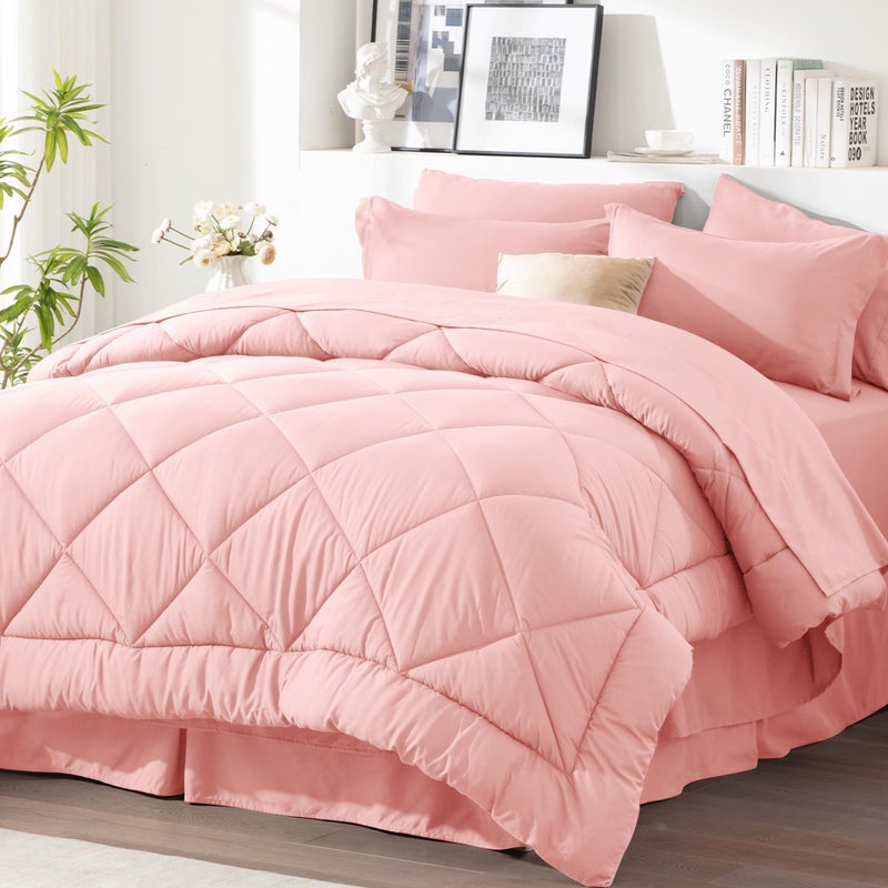 Newspin King Comforter Set Pink - Bed in a Bag King Size 8 Pieces, All Season Bed Set, Fluffy Comforter Set with Sheets, Sheet Set Quilt Blanket, Pillowcases & Shams & Bed Skirt - Image 1