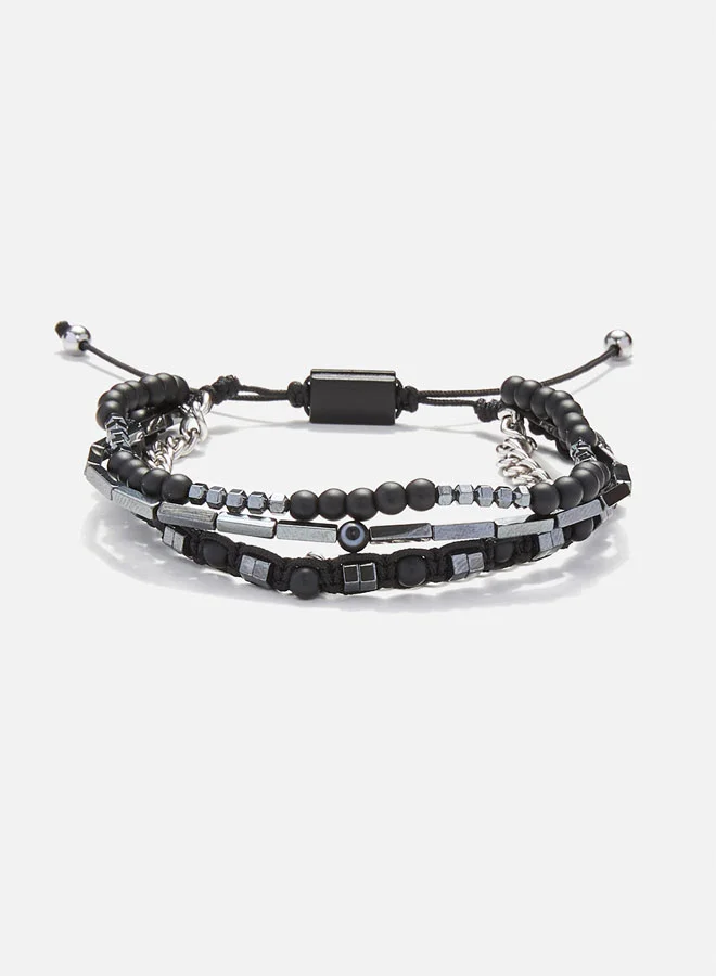 CHRYSOSTOMOS Handmade Adjustable Beaded Multi-Line Bracelet with Black Onyx, Hematite Nut, Tube, Black Glass Eye and Silver Brass Chain
