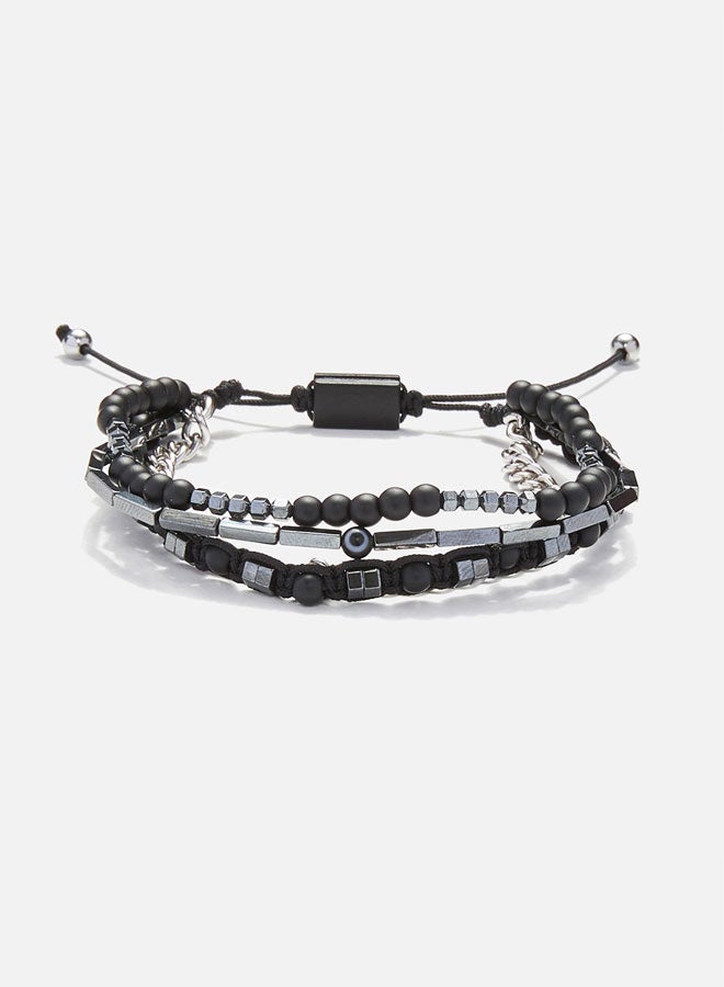 CHRYSOSTOMOS Handmade Adjustable Beaded Multi-Line Bracelet with Black Onyx, Hematite Nut, Tube, Black Glass Eye and Silver Brass Chain - Image 1