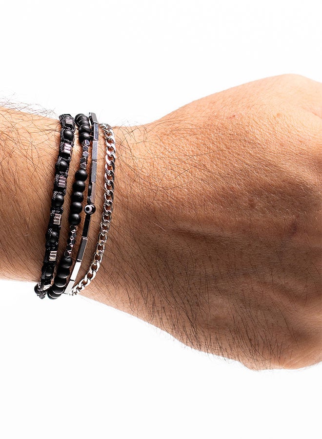 CHRYSOSTOMOS Handmade Adjustable Beaded Multi-Line Bracelet with Black Onyx, Hematite Nut, Tube, Black Glass Eye and Silver Brass Chain - Image 3