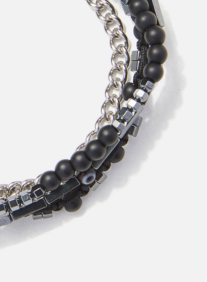 CHRYSOSTOMOS Handmade Adjustable Beaded Multi-Line Bracelet with Black Onyx, Hematite Nut, Tube, Black Glass Eye and Silver Brass Chain - Image 2