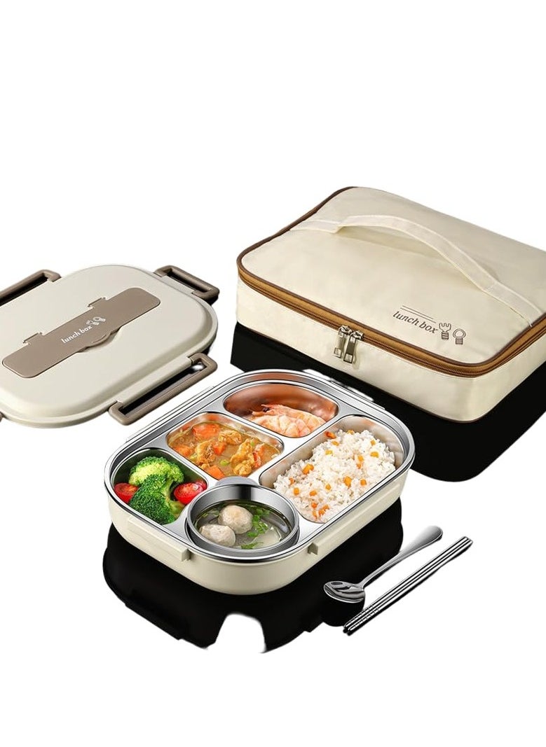 Generic - stainless steel insulated lunch box student work sealed lunch box Beige two-grid 1000ml (with tableware) with phone Stand Microwave Safe - Image 1