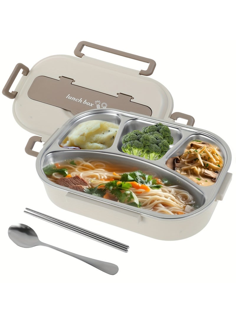 Generic - stainless steel insulated lunch box student work sealed lunch box Beige two-grid 1000ml (with tableware) with phone Stand Microwave Safe - Image 1
