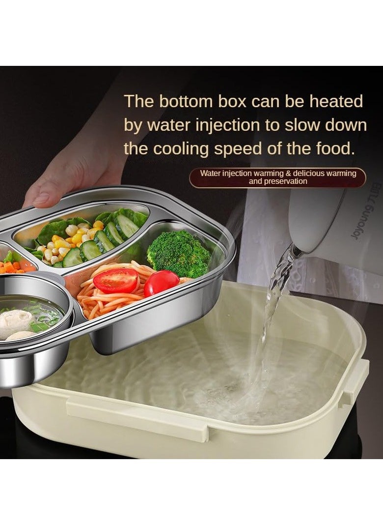 Generic - stainless steel insulated lunch box student work sealed lunch box Beige two-grid 1000ml (with tableware) with phone Stand Microwave Safe - Image 1