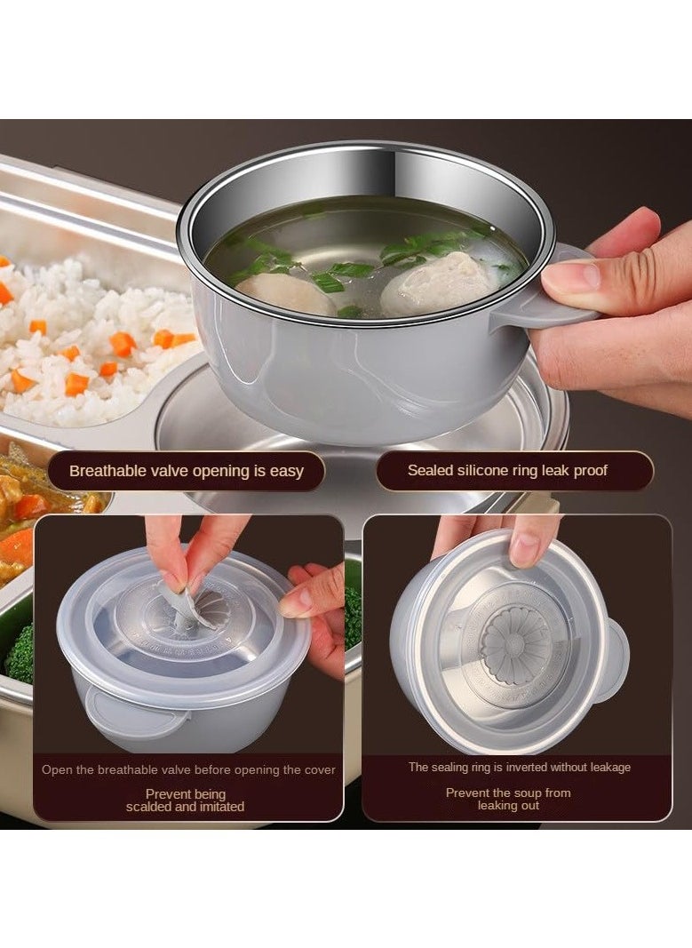 Generic - stainless steel insulated lunch box student work sealed lunch box Beige two-grid 1000ml (with tableware) with phone Stand Microwave Safe - Image 1