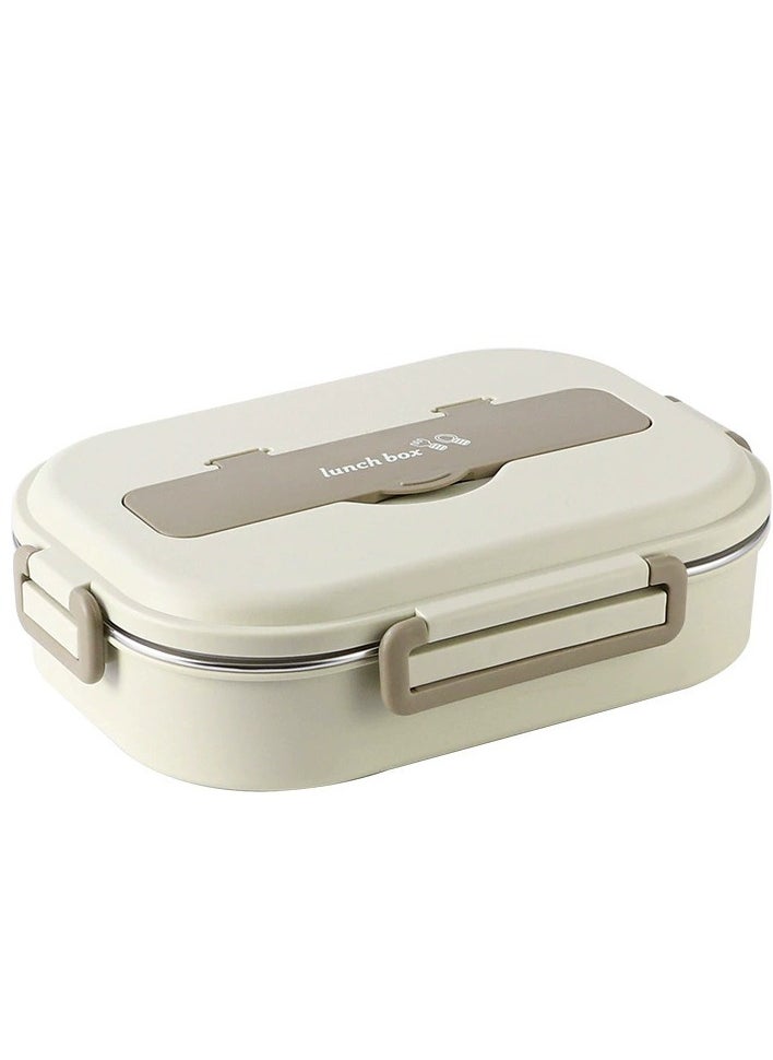 Generic - stainless steel insulated lunch box student work sealed lunch box Beige two-grid 1000ml (with tableware) with phone Stand Microwave Safe - Image 1