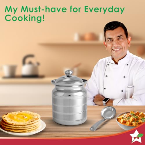 Wonderchef وعاء سمن وندر شيف أمبروسيا الفاخر من الفولاذ المقاوم للصدأ مع ملعقة وغطاء، 500 مل، غطاء فولاذي محكم، مقاوم للصدأ ومتين، تخزين السمن للمطبخ، استخدام متعدد الأغراض، فضي، ضمان لمدة سنة - Image 2