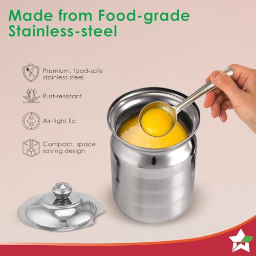 Wonderchef وعاء سمن وندر شيف أمبروسيا الفاخر من الفولاذ المقاوم للصدأ مع ملعقة وغطاء، 500 مل، غطاء فولاذي محكم، مقاوم للصدأ ومتين، تخزين السمن للمطبخ، استخدام متعدد الأغراض، فضي، ضمان لمدة سنة - Image 5