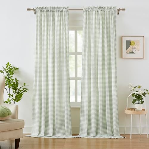 ZJDECOR Sage Green White Buffalo Plaid Curtains 84 Inches Long,Crinkled Not-See-Through Sheer Rod Pocket Drapes,Rustic Window Treatment for Nursery Living Room,Tiebacks Included,52" Wx84 L(Pack of 2) - Image 1