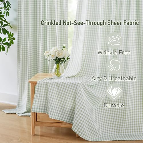 ZJDECOR Sage Green White Buffalo Plaid Curtains 84 Inches Long,Crinkled Not-See-Through Sheer Rod Pocket Drapes,Rustic Window Treatment for Nursery Living Room,Tiebacks Included,52" Wx84 L(Pack of 2) - Image 2