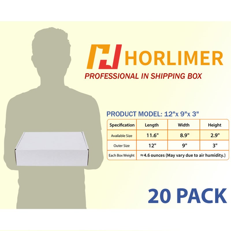 HORLIMER 12x9x3 inches Shipping Boxes Set of 20, White Corrugated Cardboard Box Literature Mailer - Image 2